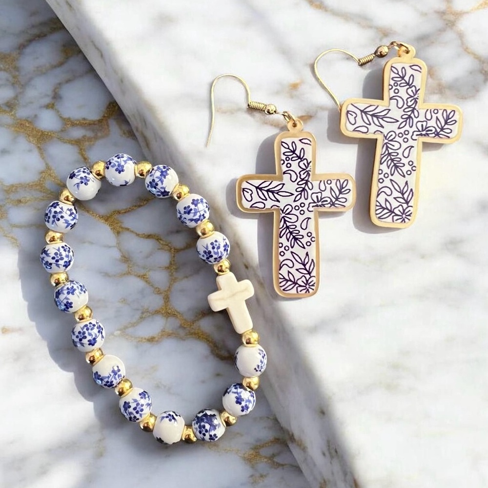 Cross Earrings and Beaded Bracelet Set - Blue, White, Gold